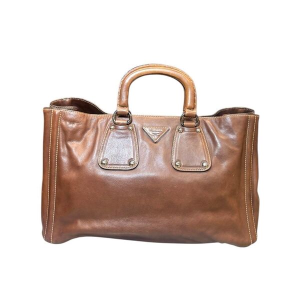 Prada Handbags - PRADA Nocciolo Brown Soft Calfskin Leather Large Satchel Tote Bag Auth